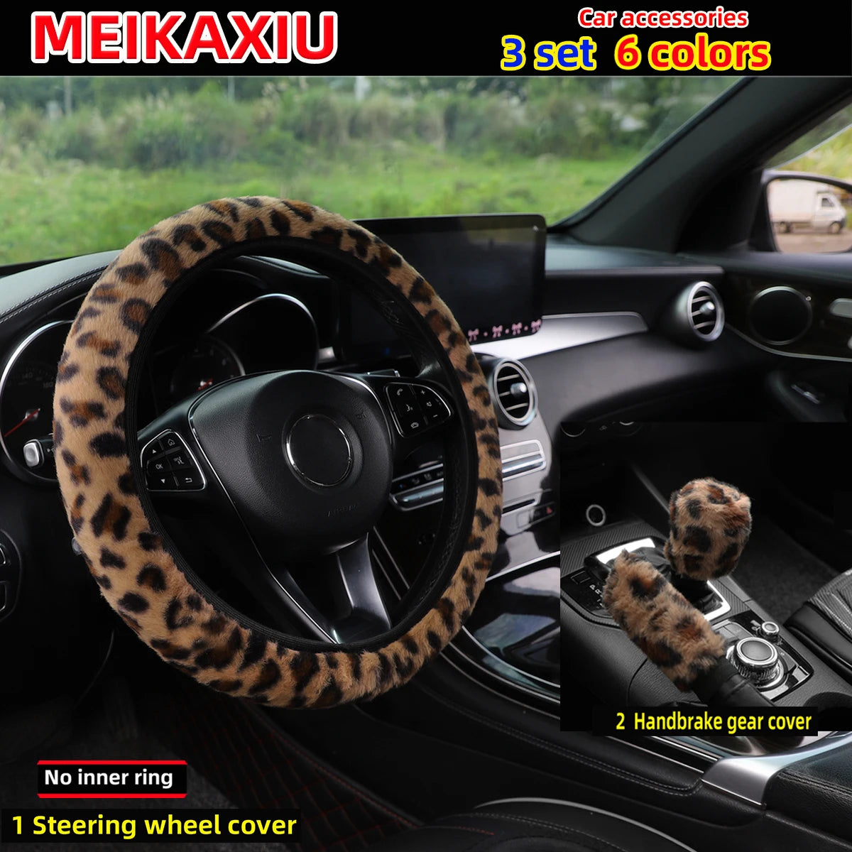 3 pcs plush leopard print car rimless steering wheel cover, handbrake cover, gearshift cover, car decoration for women