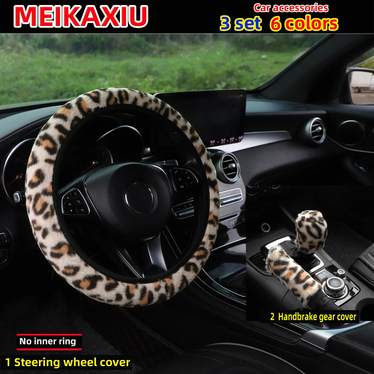 3 pcs plush leopard print car rimless steering wheel cover, handbrake cover, gearshift cover, car decoration for women