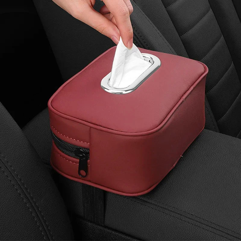 Car Tissue Box Holder Leather Sun Visor Center Console Armrest Mount Napkin Case Universal Fit Road Trip Organizer Easy Install