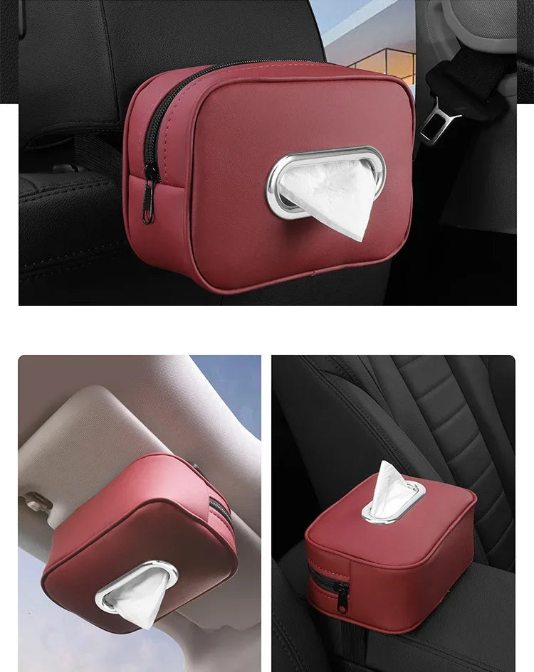 Car Tissue Box Holder Leather Sun Visor Center Console Armrest Mount Napkin Case Universal Fit Road Trip Organizer Easy Install