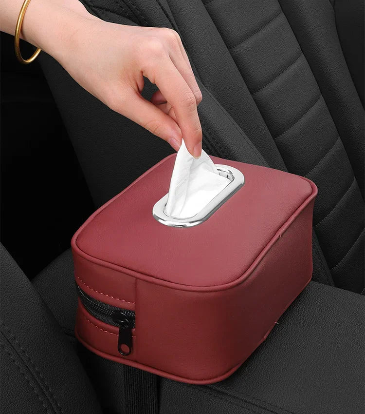 Car Tissue Box Holder Leather Sun Visor Center Console Armrest Mount Napkin Case Universal Fit Road Trip Organizer Easy Install