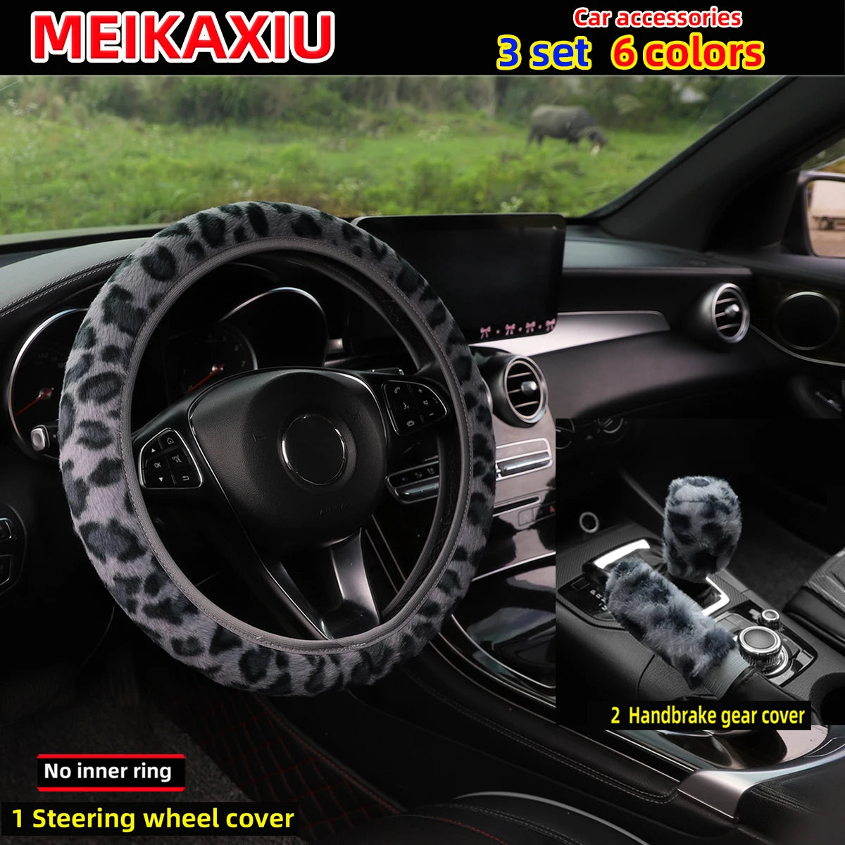 3 pcs plush leopard print car rimless steering wheel cover, handbrake cover, gearshift cover, car decoration for women