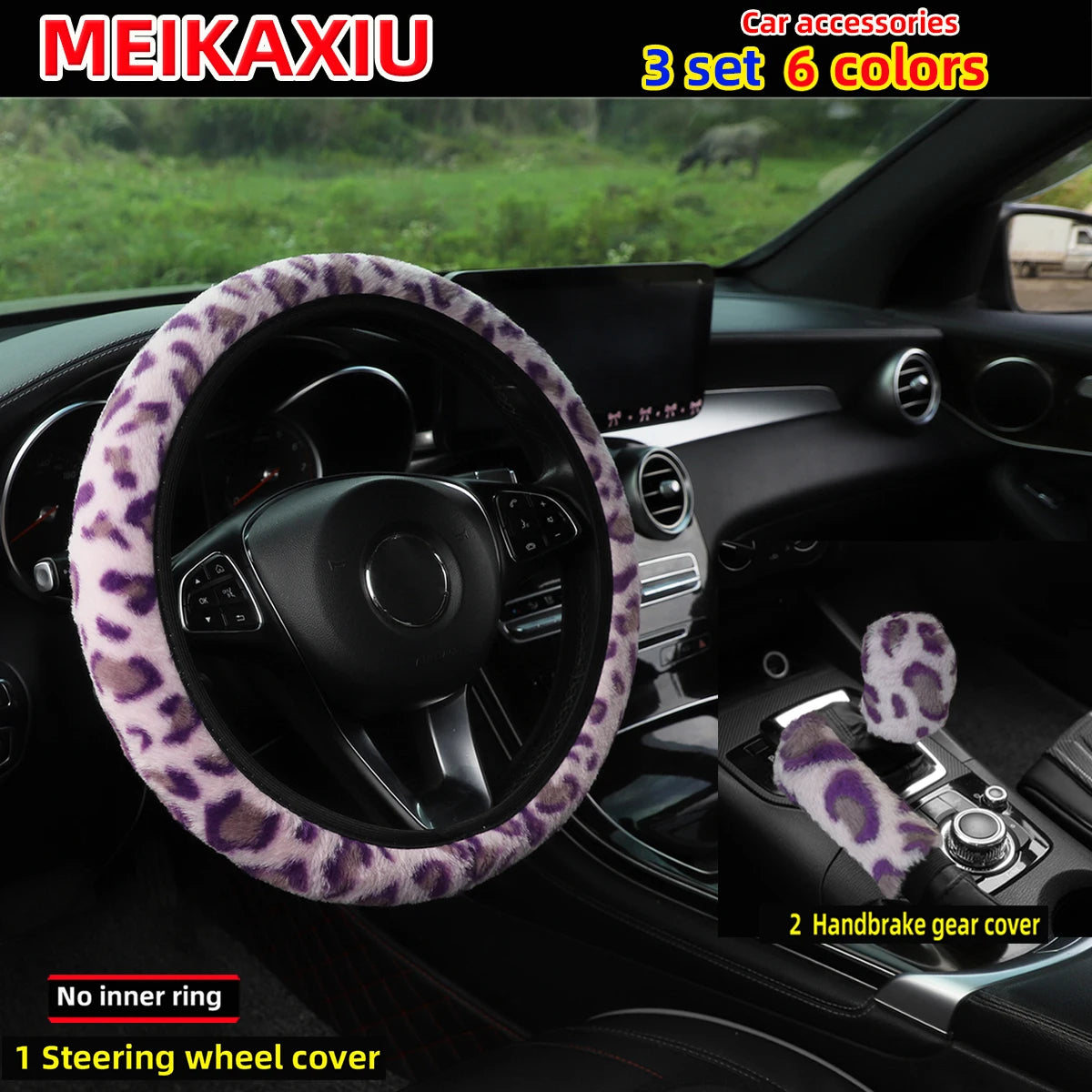 3 pcs plush leopard print car rimless steering wheel cover, handbrake cover, gearshift cover, car decoration for women